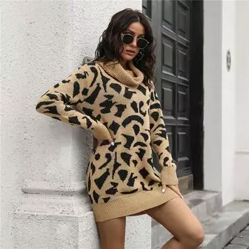 Весенне-осеннее леопардовое мини-вязаное платье-свитер длиной выше колена, женское повседневное платье с прямым ворсом и длинными рукавами, свободная талия, SL S чёрный