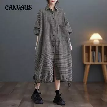 Весенне-осеннее литературное женское платье-рубашка в клетку больших размеров, длинные платья-кардиганы свободного дизайна L