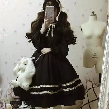Весенне-осеннее милое кавайное платье, женское праздничное платье принцессы Лолиты с рюшами и воротником, готическое платье для косплея One Size чёрный