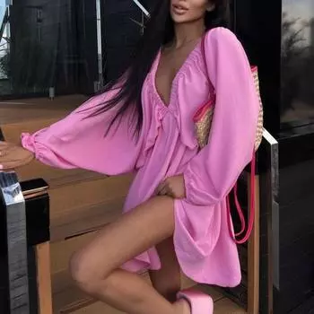 Весенне-осеннее мини-платье с v-образным вырезом, свободное шикарное мини-платье с эластичной резинкой на талии, весенне-осеннее мини-платье, женская одежда S красный