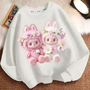 Весенне-осеннее модное худи с круглым вырезом Labubu для мальчиков и девочек, детская толстовка с длинным рукавом свободного кроя 110