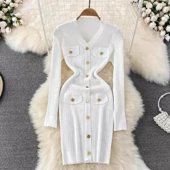 Весенне-осеннее модное однотонное вязаное платье-свитер на пуговицах с длинным рукавом и v-образным вырезом, облегающее облегающее офисное женское платье-футляр One Size белый
