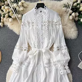 Весенне-осеннее модное подиумное кружевное ажурное платье с вышивкой, женские однобортные платья-фонарики с рукавами-стойкой и поясом, длинные макси-платья для вечеринок L белый
