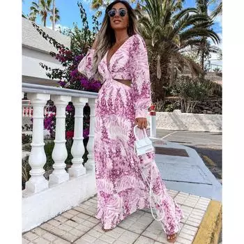 Весенне-осеннее модное сексуальное длинное платье с открытой талией, женские макси-платья с v-образным вырезом и цветочным принтом S розовый