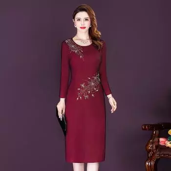 Весенне-осеннее модное винное платье средней длины плюс размер 4xl со бриллиантами Свадебные платья L