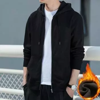 Весенне-осеннее мужское пальто с капюшоном, застежкой-молнией, однотонные эластичные манжеты, свободное спортивное пальто, толстая плюшевая верхняя одежда для различных случаев L чёрный