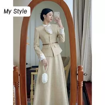 Весенне-осеннее новое элегантное платье во французском стиле в стиле ретро с вертикальным воротником и узкой талией, однотонное платье, нежное длинное платье с длинными рукавами, костюм