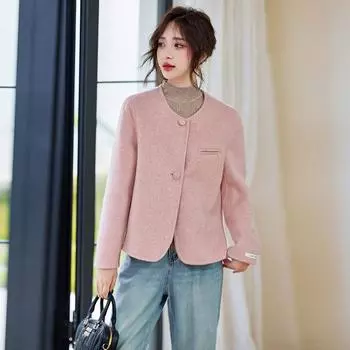 Весенне-осеннее новое дизайнерское темпераментное двустороннее шерстяное пальто женское с круглым вырезом короткое зимнее пальто S розовый