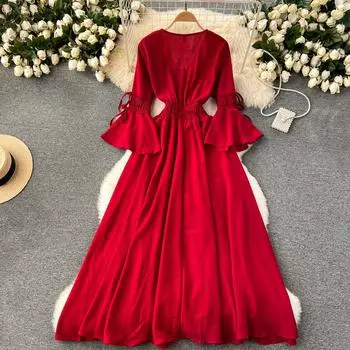 Весенне-осеннее новое длинное платье ярких цветов Fahison, женское элегантное платье с v-образным вырезом и расклешенными рукавами, с высокой талией, праздничные пляжные платья макси-халат One Size оранжевый