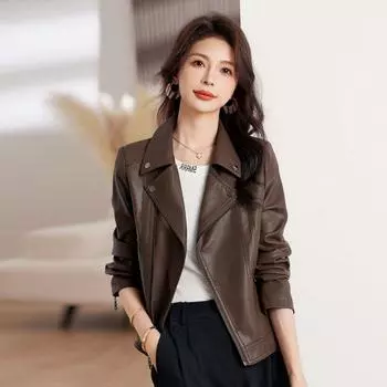 Весенне-осеннее новое модное кожаное пальто, женское облегающее короткое черное облегающее мотоциклетное пальто с воротником и длинными рукавами M