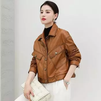 Весенне-осеннее новое пальто из натуральной кожи, женская короткая свободная мотоциклетная кожаная куртка из овчины M