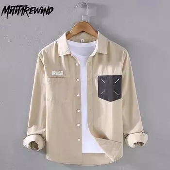 Весенне-осеннее новое поступление, мужская рубашка, повседневная повседневная модная рубашка из чистого хлопка, рубашка с длинными рукавами и карманами, молодежные популярные топы 3XL M бежевый