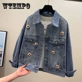 Весенне-осеннее новое женское джинсовое пальто, винтажная шерстяная короткая верхняя одежда с цветочным принтом, женская повседневная свободная джинсовая куртка с длинными рукавами S синий