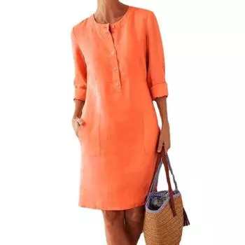 Весенне-осеннее объемное женское хлопково-льняное платье с круглым вырезом и длинными рукавами S