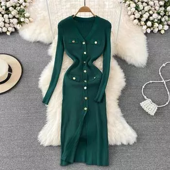 Весенне-осеннее однотонное трикотажное платье-свитер с v-образным вырезом, женское однобортное тонкое облегающее платье с длинными рукавами One Size зелёный