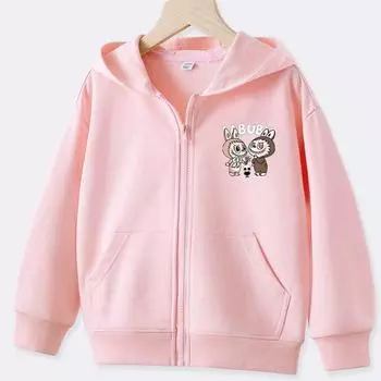 Весенне-осеннее пальто для девочек Labubu, детская повседневная толстовка с капюшоном на молнии 100
