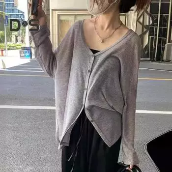 Весенне-осеннее пальто-кардиган с v-образным вырезом и длинными рукавами, однобортное пальто, однотонное, свободного кроя, тонкая куртка, повседневная одежда M серый
