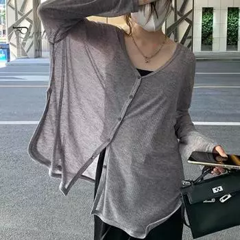 Весенне-осеннее пальто-кардиган с v-образным вырезом и длинными рукавами, однобортное пальто, однотонное, свободного кроя, тонкая куртка, повседневная одежда M серый