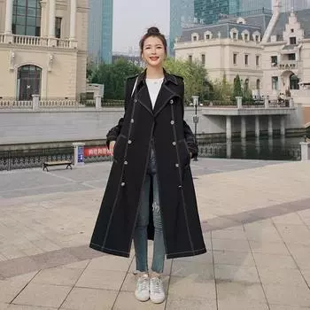 Весенне-осеннее пальто средней длины с двойной строчкой и металлической пряжкой, черная ветровка в британском стиле для женщин S чёрный