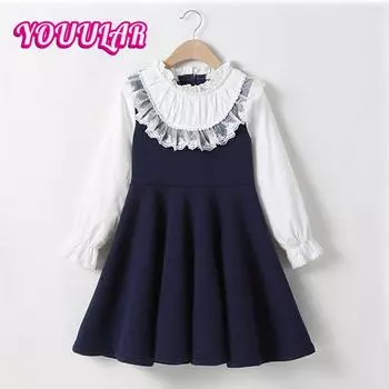 Весенне-осеннее платье для девочек с длинными рукавами, кружевной воротник, платье принцессы, детские топы, школьная форма для учеников 4-13 лет 110 синий