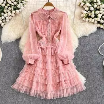 Весенне-осеннее платье Лолиты с вышивкой и тортом, женские милые сетчатые платья с кружевной отделкой, кавайные розовые платья для девочек с милым бантом, платья для свадебной вечеринки S розовый