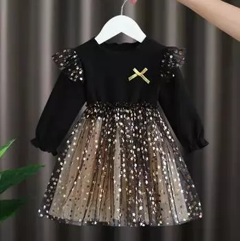 Весенне-осеннее платье принцессы с длинными рукавами, платье для маленьких девочек, летнее хлопковое платье в горошек для девочек, пышное платье без рукавов, сет... 130 чёрный