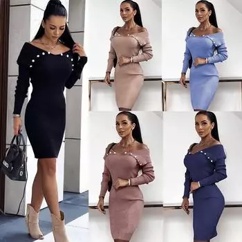 Весенне-осеннее платье с длинными рукавами и плоскими плечами, однотонное эластичное женское платье с пуговицами на бедрах S темно-розовый