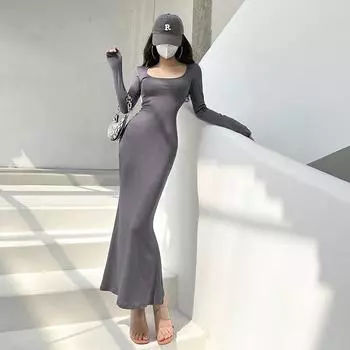 Весенне-осеннее платье с U-образным вырезом, облегающая футболка для горячей девушки, юбка «рыбий хвост» Dark gray S