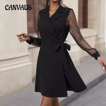 Весенне-осеннее платье Темпераментное женское платье с лацканами и кружевной юбкой S чёрный