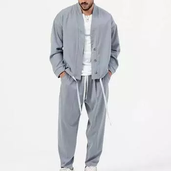 Весенне-осеннее повседневное пальто с длинным рукавом, мужская мода, комплект из двух предметов в стиле ретро, свободные дышащие брюки, спортивная мужская одежда для фитнеса XXXL белый