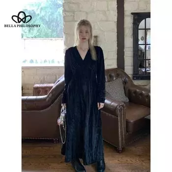 Весенне-осеннее повседневное платье Lazy Sense с v-образным вырезом и длинными рукавами Design Sense, черное бархатное платье для похудения в корейском стиле M чёрный