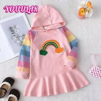 Весенне-осеннее праздничное платье принцессы для девочек, вязаные радужные разноцветные детские платья для девочек, милый пуловер с капюшоном, детская одежда 90 розовый
