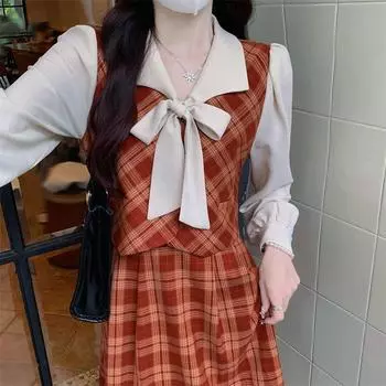 Весенне-осеннее ретро-платье из двух частей, облегающая длинная юбка большого размера S красный