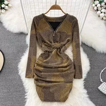 Весенне-осеннее сексуальное супер глубокое платье на молнии с v-образным вырезом и яркими шелковыми складками, тонкое облегающее платье на бедрах с запахом весны и осени