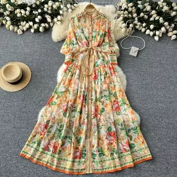 Весенне-осеннее шифоновое длинное платье макси с рукавами-фонариками и принтом для женщин, однобортные элегантные вечерние праздничные платья S жёлтый