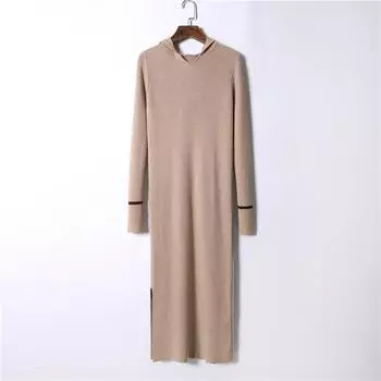 Весенне-осеннее шикарное однотонное вязаное платье-свитер женское с длинным капюшоном и прямым рукавом с разрезом, один размер One Size чёрный