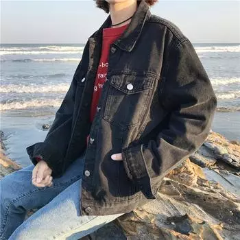 Весенне-осеннее свободное женское черное базовое пальто с длинными рукавами, джинсовая куртка, женская джинсовая куртка, повседневное джинсовое пальто, ковбойская верхняя одежда S чёрный