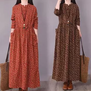 Весенне-осеннее свободное женское платье большого размера с пряжкой-диском и цветочным принтом, облегающее платье из хлопка и льна на шнуровке S