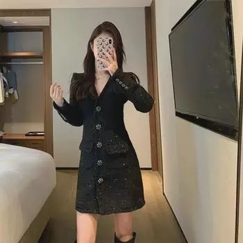 Весенне-осеннее темпераментное светское маленькое черное платье для официальных случаев, в стиле Хепберн, без бархата. XL (recommended 115-132 jin) чёрный