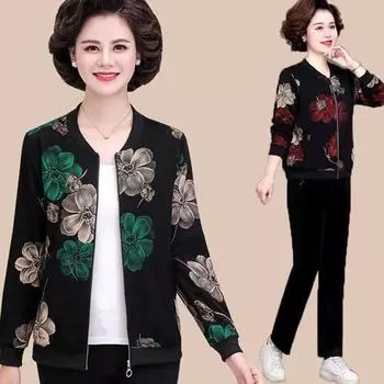 Весенне-осеннее тонкое пальто для мамы, короткий женский кардиган с воротником-стойкой и длинными рукавами с принтом, бейсбольная куртка M-5XL XXXL зелёный