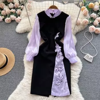 Весенне-осеннее винтажное платье-карандаш со знаменитостями, женское новое модное сетчатое лоскутное платье с длинными рукавами, элегантные вечерние платья с бантом и бисером S фиолетовый