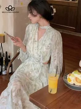 Весенне-осеннее винтажное платье с цветочным принтом, женское элегантное тонкое праздничное платье миди с принтом, женское темпераментное корейское платье феи S зелёный