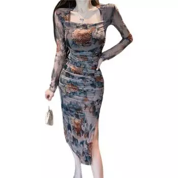 Весенне-осеннее винтажное плиссированное сетчатое платье с разрезом и запахом, облегающее платье на бедрах, нижнее платье, модная женская одежда XL