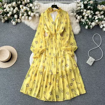 Весенне-осеннее винтажное женское шифоновое длинное платье с цветочным принтом, женское элегантное элегантное 3D-цветочное платье с v-образным вырезом, фиолетовое/красное/желтое платье макси, новинка One Size розовый