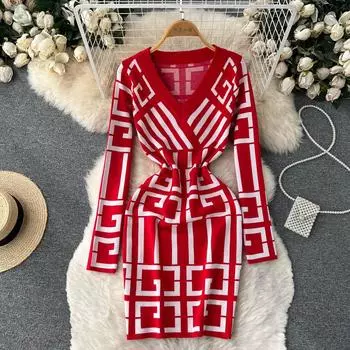 Весенне-осеннее вязаное платье-свитер с v-образным вырезом и геометрическим узором, женское мини-тонкое облегающее платье-карандаш с длинным рукавом One Size