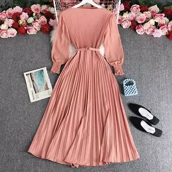 Весенне-осеннее женское элегантное платье трапециевидной формы с длинными рукавами, офисное однотонное плиссированное платье с высокой талией One Size