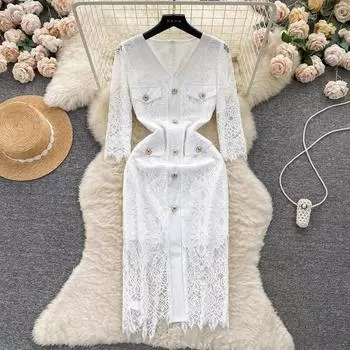 Весенне-осеннее женское белое кружевное вечернее платье с коротким рукавом, женское платье-карандаш с v-образным вырезом для офиса S белый