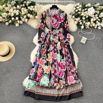 Весенне-осеннее женское брендовое дизайнерское платье с принтом для подиума, винтажное длинное макси-платье с отложным воротником M чёрный