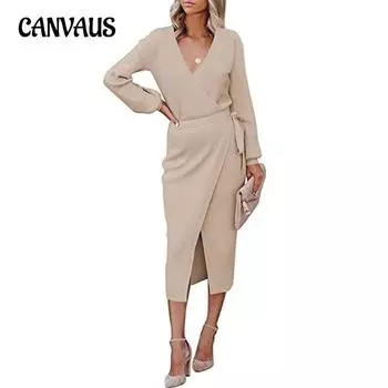 Весенне-осеннее женское длинное платье Элегантное темпераментное трикотажное платье с v-образным вырезом S белый