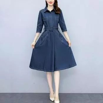 Весенне-осеннее женское модное платье с тонкой талией, джинсовая юбка 3XL синий